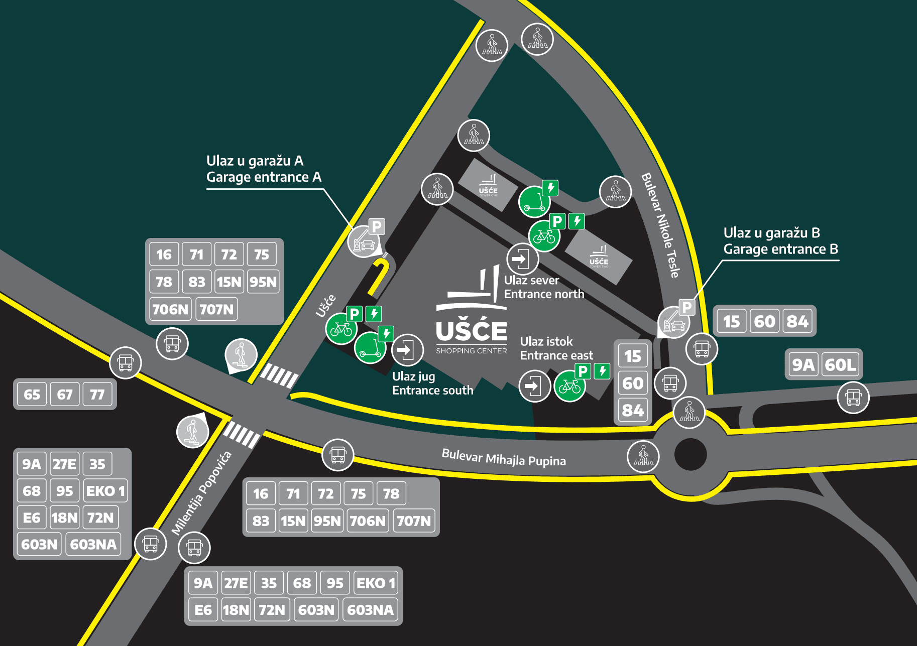 Mapa okruženja Ušće Shopping Center — Urban mobility area map